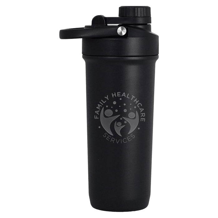 Forge Double Wall Shaker 750ml - A drink bottle in matte black with a secure screw-on lid and a logo on the side.
