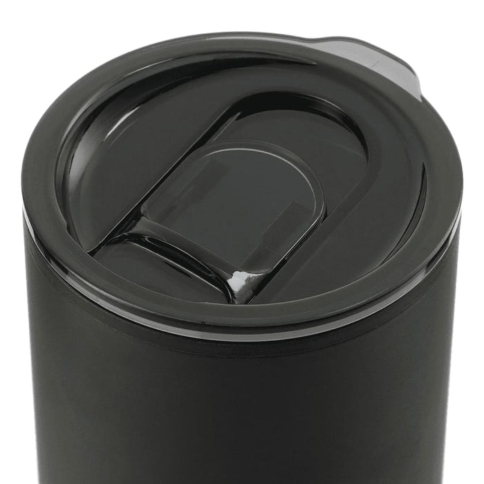 Lagom 470ml Tumbler w/ SS Straw - A drink bottle with a black matte finish and a sleek lid featuring a sliding opening. It has a straw and logo.