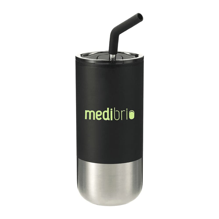 Lagom 470ml Tumbler w/ SS Straw - A drink bottle featuring a black outer section, stainless steel base, and a SS straw, along with a logo.