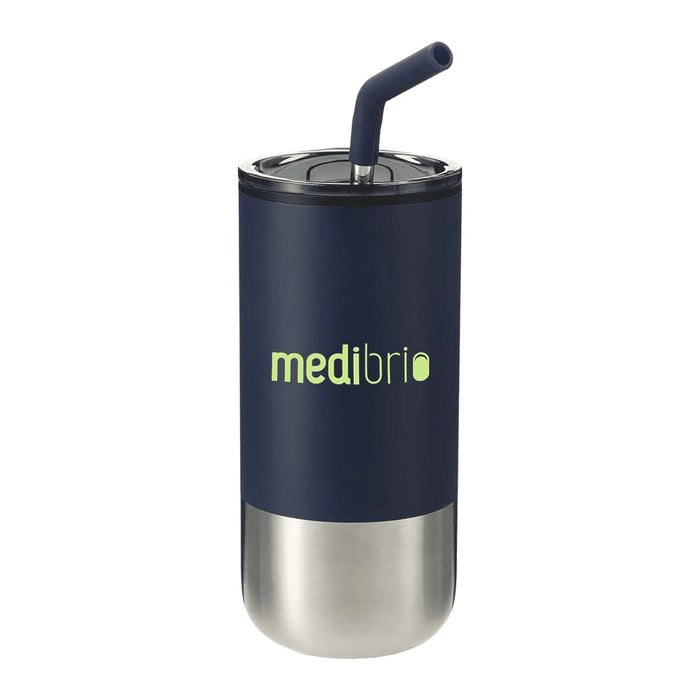 Lagom 470ml Tumbler w/ SS Straw - A drink bottle featuring a stainless steel base and a dark navy plastic upper, with a reusable straw and a logo.