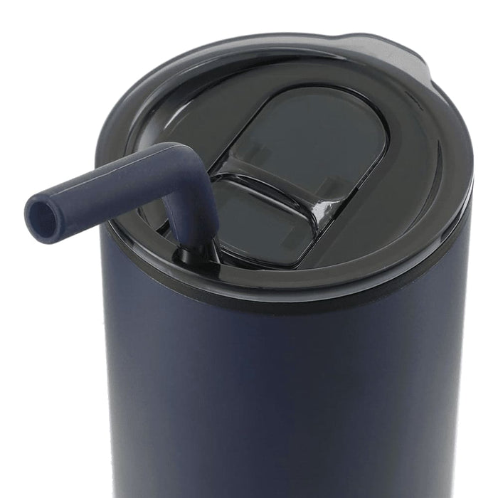 Lagom 470ml Tumbler w/ SS Straw - A drink bottle featuring a navy blue design, a lid with a straw, and a logo.