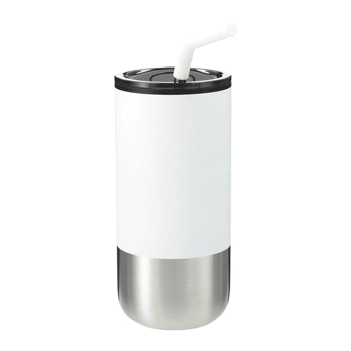 Lagom 470ml Tumbler w/ SS Straw - A drink bottle with a white body and stainless steel bottom, featuring a black lid and a white straw. Includes a logo.