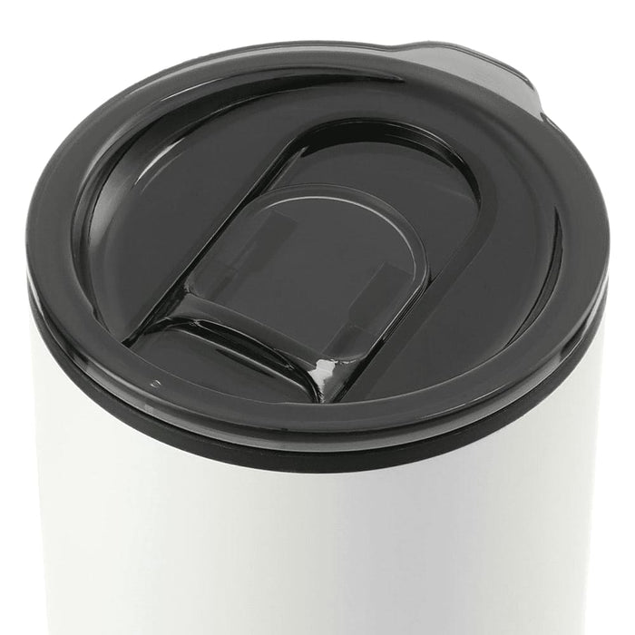 Lagom 470ml Tumbler w/ SS Straw - A drink bottle featuring a white body and a black lid, with a straw opening and a logo.