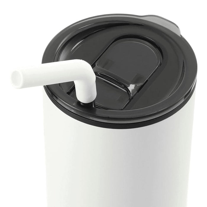Lagom 470ml Tumbler w/ SS Straw - A drink bottle featuring a white body, black lid, and a white stainless steel straw, with a logo on its surface.