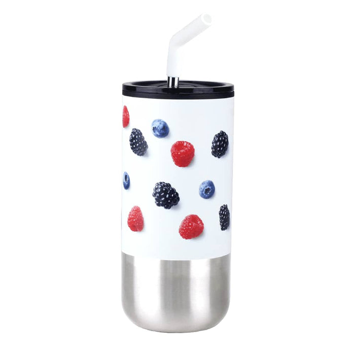 Lagom 470ml Tumbler w/ SS Straw - A drink bottle featuring a white body with berries and a stainless steel base, complete with a black lid and straw.