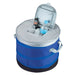 Top Opening Cooler Bag - A circular top opening cooler bag in blue, filled with ice, a drink bottle, and two beverage cans.