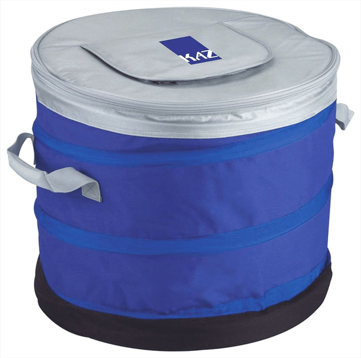 Top Opening Cooler Bag - A blue and grey top opening cooler bag with carrying handles and a circular shape, featuring a logo.