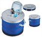 Top Opening Cooler Bag - A round cooler bag in blue and black with a silver insulated interior, featuring a top opening and carrying handles.