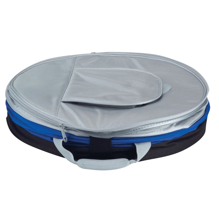 Top Opening Cooler Bag - A circular cooler bag with a silver top, blue and black sides, featuring a handle and a zip closure.