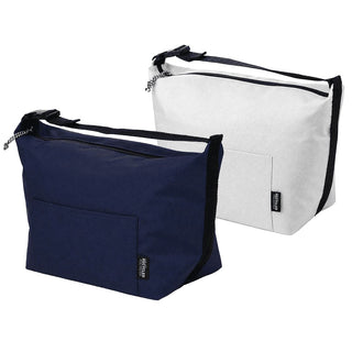 Caribou Drift Recycled 9 Can Lunch Cooler - Two cooler bags in navy blue and white, featuring a shoulder strap and a front pocket. Each has a logo.