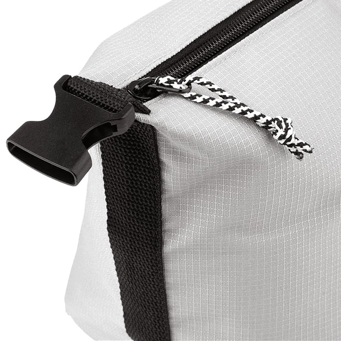 Caribou Drift Recycled 9 Can Lunch Cooler - A white and black cooler bag features a zippered opening and a textured fabric. It includes a black clip and rope detail.
