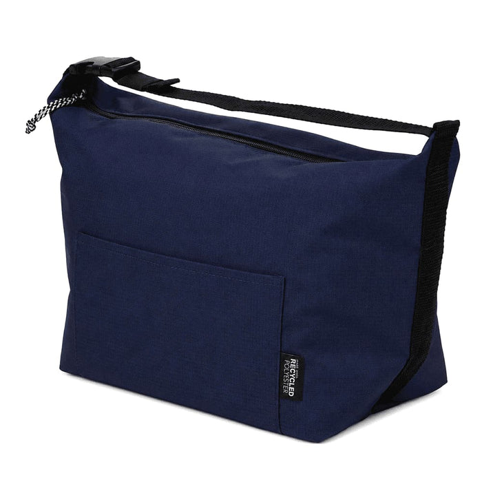Caribou Drift Recycled 9 Can Lunch Cooler - A navy blue recycled lunch cooler bag with a zip closure and a front pocket, featuring a shoulder strap.