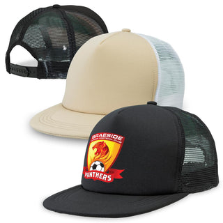 Flat Peak Trucker - Three trucker caps in black, beige, and black with a logo, featuring a flat peak and mesh back.