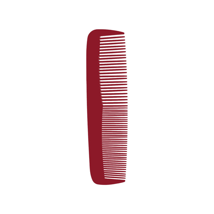 Custom Blended-Tooth Comb - A custom blended tooth comb in a deep red colour with evenly spaced teeth for grooming. Features a logo.