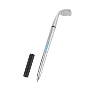 Golf Pen - A silver golf pen featuring a golf club design, accompanied by a black grip cover.
