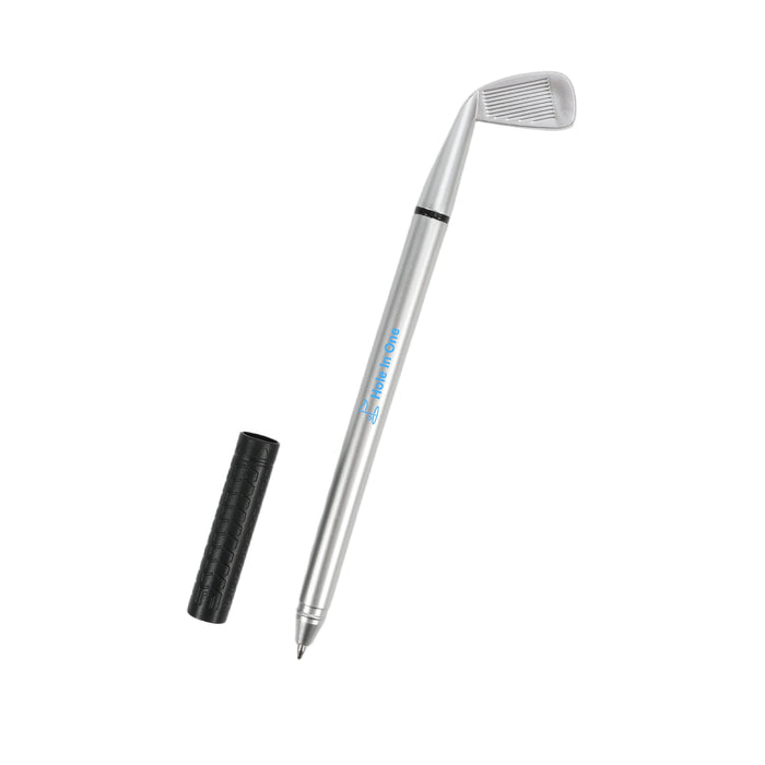 Golf Pen - A silver golf pen featuring a golf club design, accompanied by a black grip cover.