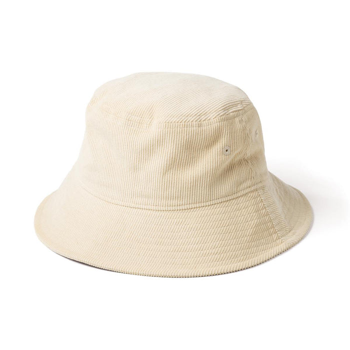 Leroy Cord Bucket Hat - A beige corduroy bucket hat with a round crown and wide brim, featuring a logo.
