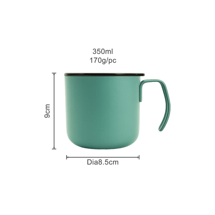 350ML Camping Stainless Steel Insulated Mug - A green stainless steel insulated mug with a black lid, measuring 9cm in height and 8.5cm in diameter.