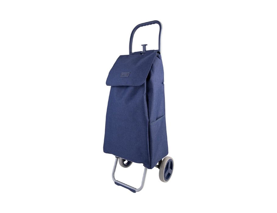 Sachi 'Swift' Shopping Trolley - A navy shopping trolley with a tall, fabric body, a flap top, and two wheels for easy mobility.