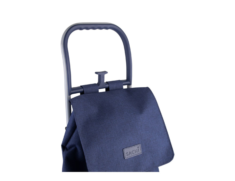 Sachi 'Swift' Shopping Trolley - A navy blue shopping trolley with a foldable cover and a handle, featuring a logo on the front.