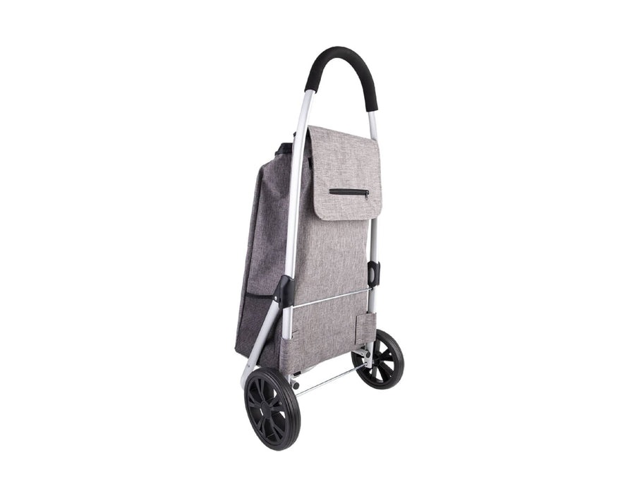 Sachi 'Urban' Aluminium Shopping Trolley - A grey aluminium shopping trolley with a fabric cover and black wheels, featuring a handle and a flap front.