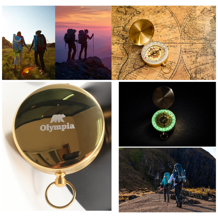 Luminous Compass - A gold compass with a logo, featuring luminous details and surrounded by scenic outdoor hiking images.