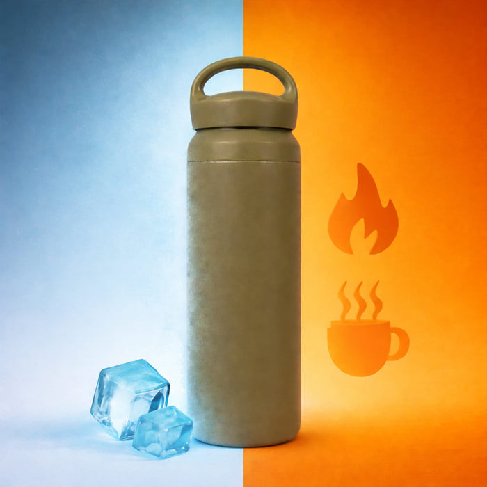 350ML/500ML Double Wall Stainless Steel Drink Bottle with Handle - A drink bottle in beige stainless steel with a handle, surrounded by ice cubes against a contrasting blue and orange background.