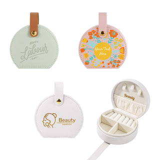Small Portable PU Leather Jewellery Box - A small portable PU leather jewellery box in white, featuring a simple design with compartments, and a logo.