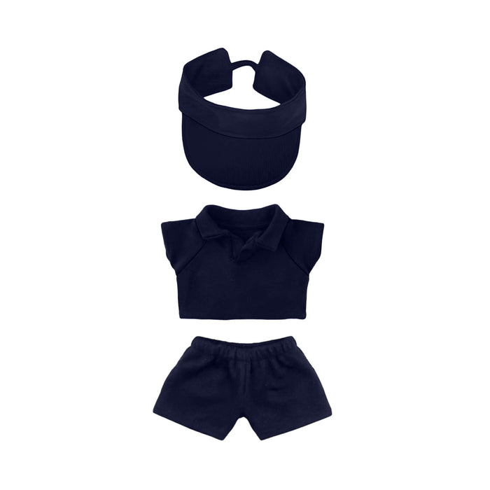 Plush Doll Racing Suit Set (15–17cm Doll) - A navy blue plush doll racing suit set featuring a visor, shirt, and shorts, suitable for 15–17cm dolls.