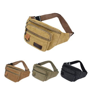 Canvas Waist Bag - A canvas waist bag in four colours: yellow-brown, khaki, dark brown, and black, featuring multiple zippered compartments.