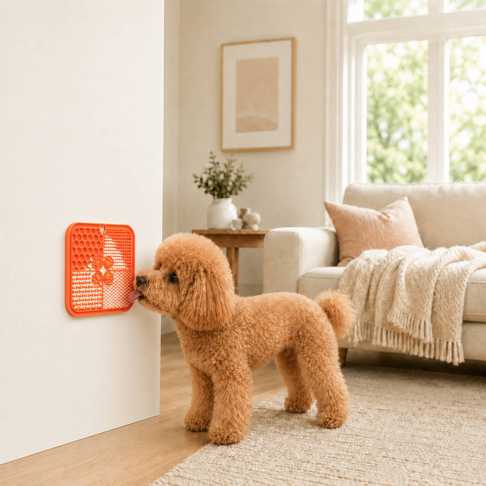 4-Section Dog Enrichment Lick Mat - An orange 4-section dog enrichment lick mat is attached to a wall, with a dog nearby in a cozy living room setting.