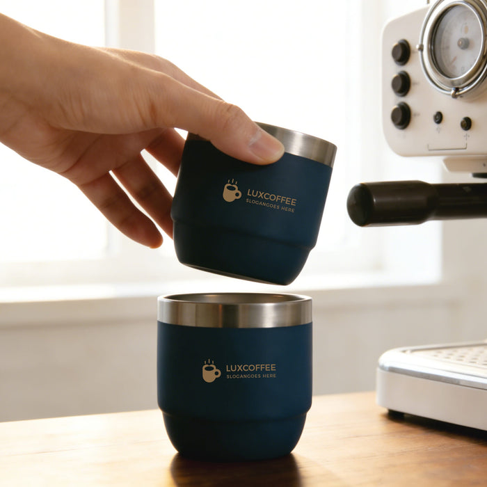 Stackable Stainless Steel Tumbler - A stackable stainless steel tumbler in navy blue, featuring a logo, is being held above another tumbler on a table.