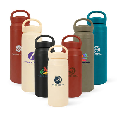 350ML/500ML Double Wall Stainless Steel Drink Bottle with Handle - A drink bottle collection featuring 350ML and 500ML double wall stainless steel options in various colours with handles and logos.