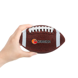 Mini Promotional American Football - A hand holding a small brown promotional American football with white stripes and a logo.