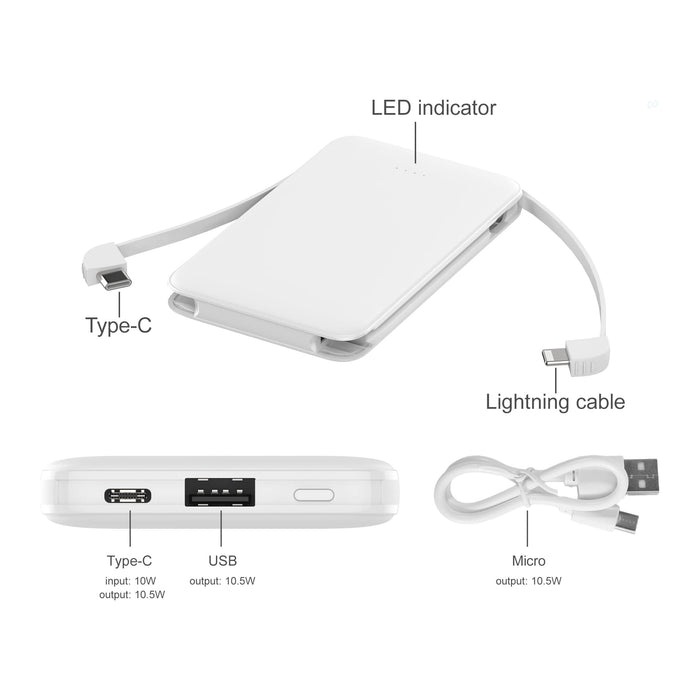 10000mAh Slim  Power Bank with Charging Cable - A slim white power bank with integrated cables, featuring a LED indicator and multiple output ports.