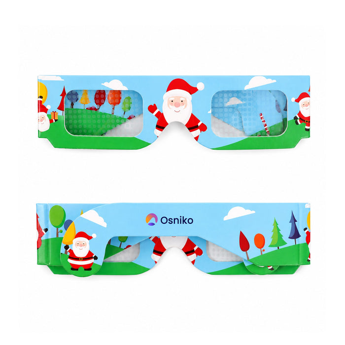 Paper Diffraction Glasses - Promotional paper diffraction glasses with a festive design featuring Santa, snowmen, and colourful trees.