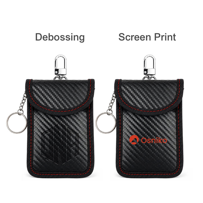 Carbon Fibre Faraday Key Pouch - A black carbon fibre Faraday key pouch with red stitching, featuring a clasp and a keyring. It has a logo displayed.