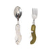 Camping Cutlery - Camping cutlery set featuring a silver spoon and fork with a brown handle, includes a logo. Perfect for outdoor dining.