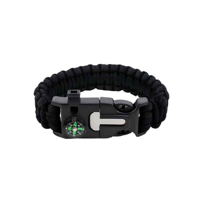 5 in 1 Survival Bracelet - A black survival bracelet featuring a compass and a multi-functional clasp. It has a durable paracord design.