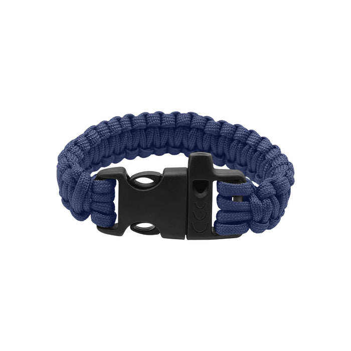 Paracord Bracelet With Whistle - A navy blue paracord bracelet featuring a black buckle and whistle mechanism. The design is woven with durable cord.