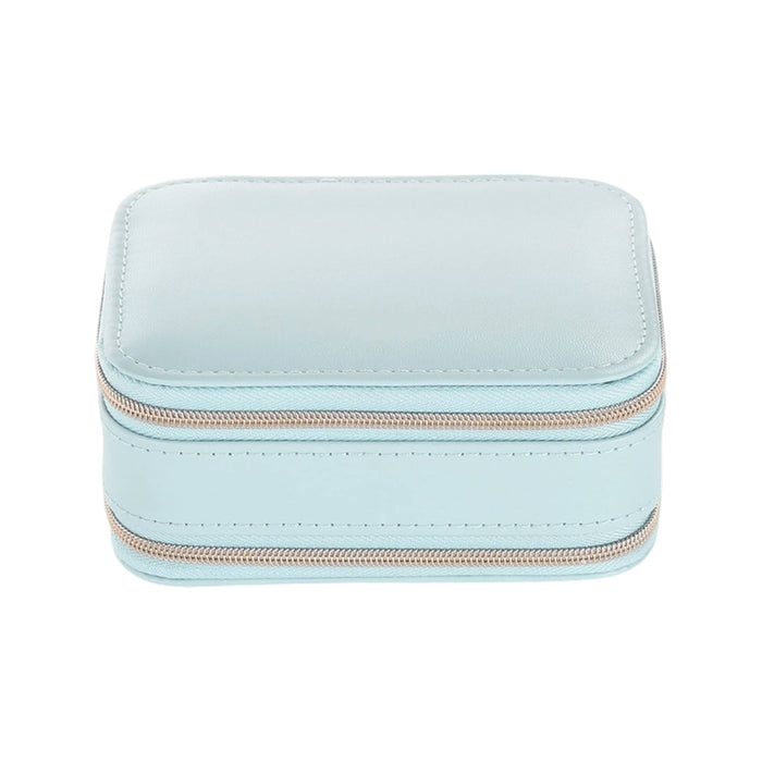 Fashion PU Leather Jewellery Case with Mirror - A light blue PU leather jewellery case with a zipped closure. It features a smooth surface and has a mirror inside.