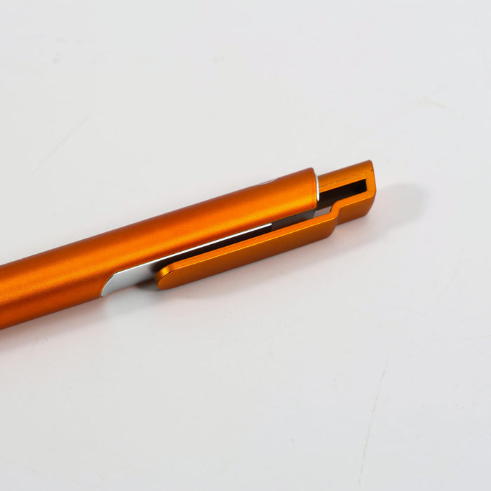 NFC Touchscreen Ballpoint Pen - An orange ballpoint pen with a sleek design and a clip. It has a metallic finish and a logo on its body.