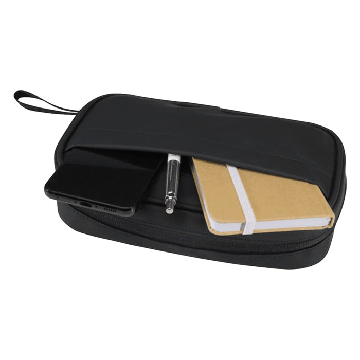 Resi Plus GRS Recycled Tech Pouch 1L - A black tech pouch with a smartphone, a pen, and a notebook inside. It features a zipped closure and a carry handle.
