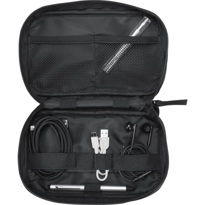 Resi Plus GRS Recycled Tech Pouch 1L - A black tech pouch featuring compartments for cables, earphones, a pen, and a USB connector, with a mesh pocket.