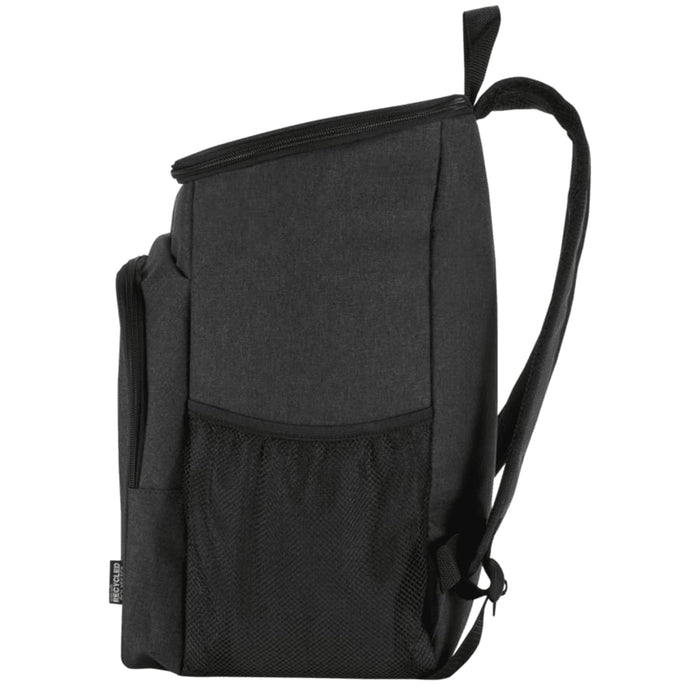Tundra GRS RPET Picnic Cooler Backpack w/ Cutlery Set 20L - A black cooler backpack with adjustable straps and a side mesh pocket, designed for carrying food and drink essentials.