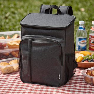 Tundra GRS RPET Picnic Cooler Backpack w/ Cutlery Set 20L - A grey picnic cooler backpack with a front pocket, beside containers of food and drinks on a picnic blanket.