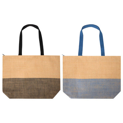 Paper Straw Large Zipped Tote - 21L - Large zipped tote bag featuring a natural tone with a black and blue patterned bottom. Includes two handles.