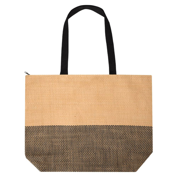 Paper Straw Large Zipped Tote - 21L - A large zipped tote with a natural and black pattern, featuring two sturdy handles and a branded logo.