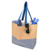 Paper Straw Large Zipped Tote - 21L - A large zipped tote bag in beige and blue, featuring sunglasses, a towel, and utensils inside.