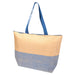 Paper Straw Large Zipped Tote - 21L - A large zipped tote in beige and blue, featuring sturdy handles and a textured design. It has a logo on the side.